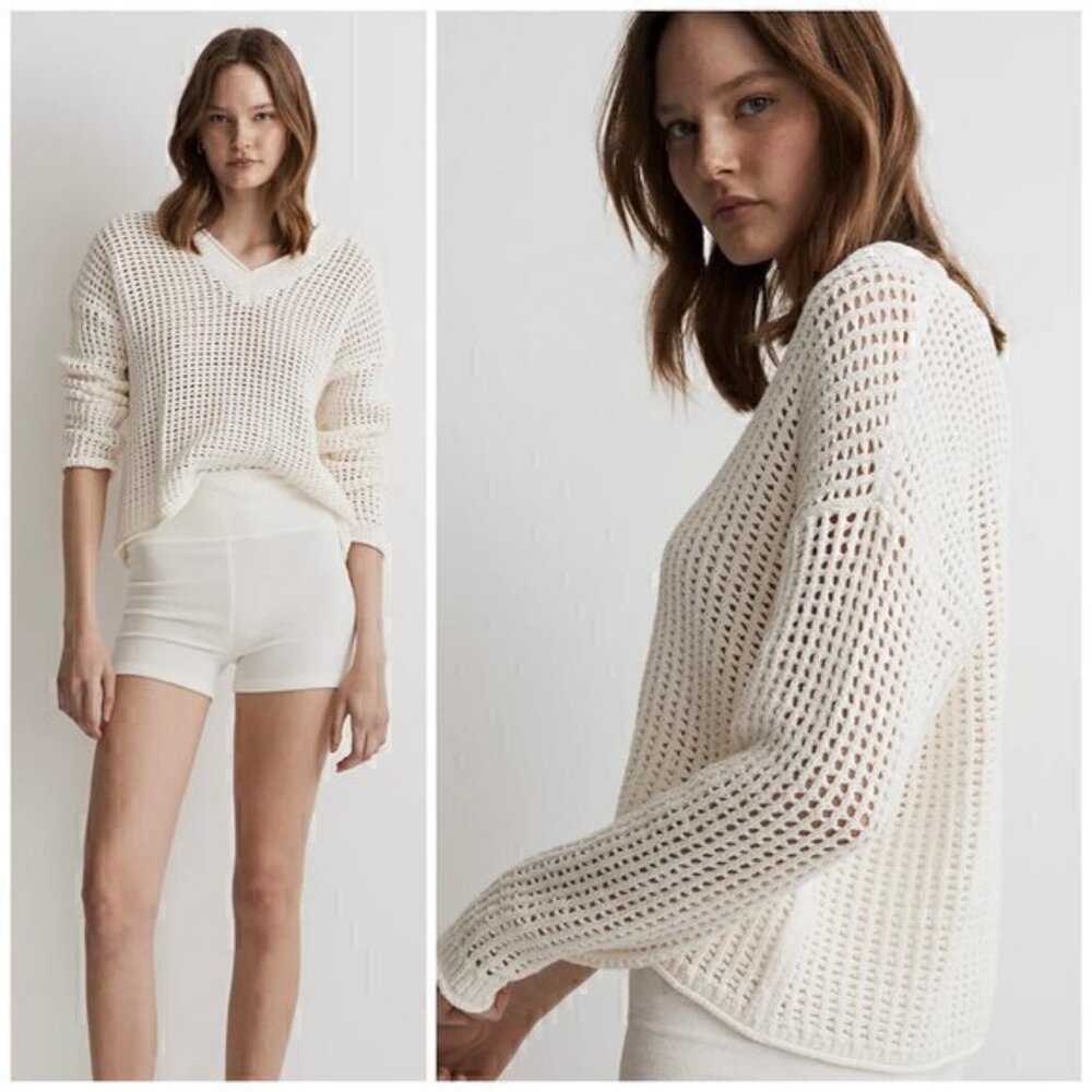 Madewell Open-Stitch V-Neck Pullover Sweater Bright Ivory Size XXS NWT